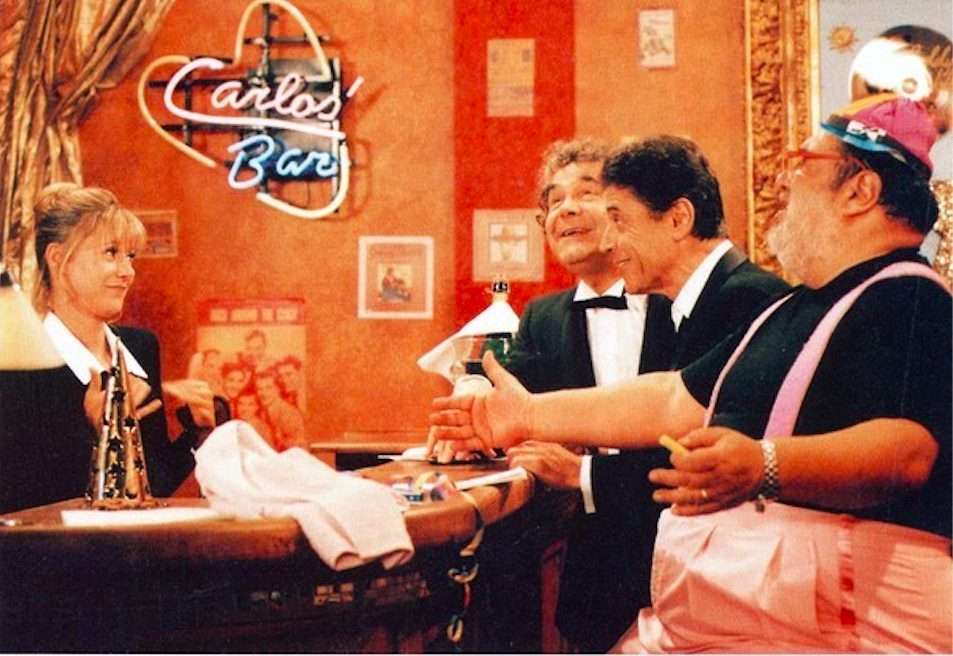 Dorothée, Carlos, Sacha Distel et Pierre Perret durant le Dorothée Rock'n Roll Show en 1994